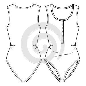 Women Sleeveless Henley front placket Bodysuit fashion flat sketch template. Technical Fashion Illustration.