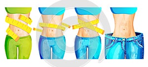 Women slim waist with measure tape around and in big jeans - weight loss concept icon, bright colors. slim body with
