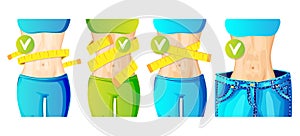 Women slim waist with measure tape around and in big jeans - weight loss concept icon, bright colors. slim body with