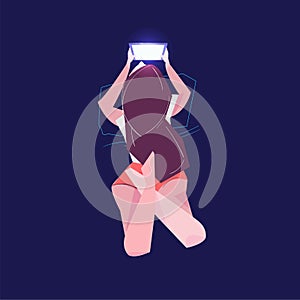 Women with smartphone on the bed. female watching movie from her smartphone - vector