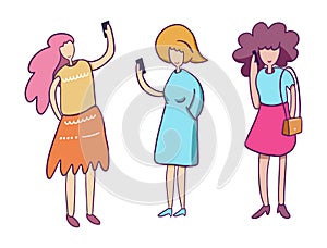 Women with a smartphone. Social media influence concept. Vector flat cartoon illustration