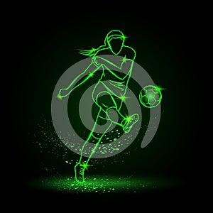 Women Soccer striker, front view. Football player hits the ball in the dark. Vector Soccer sport green neon illustration