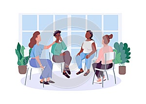 Women social support group flat color vector faceless characters