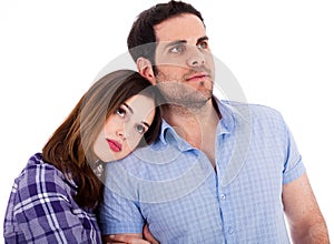 Women soothing herself on her boyfriend shoulders