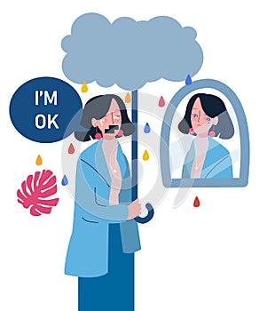 Women sorrow expression holding stick look in mirror cloud drops rain water color self support with flat cartoon style