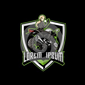 Women on sport motorbikes cartoon character vector badge logo template