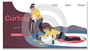 Women Sports Team Playing Curling Game Website Landing Page. Sweeping Ice with Special Brushes and Pushing Granite Stones to