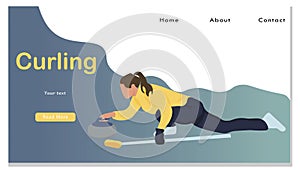 Women Sports Team Playing Curling Game Website Landing Page. Sweeping Ice with Special Brushes and Pushing Granite Stones to