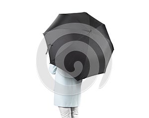 Women stand backwards with black blank umbrella opened mockup isolated