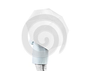 Women stand backwards with white blank umbrella mock up isolated