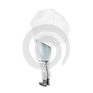 Women stand backwards with white blank umbrella opened mockup isolated