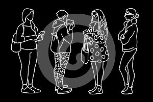 Women standing in different poses. Sketch. Vector illustration of various girls with phone, bag, backpack. White lines