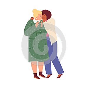 Women standing gossipping, telling, girlfriends talking, whisper secrets in ear listening to rumors vector illustration