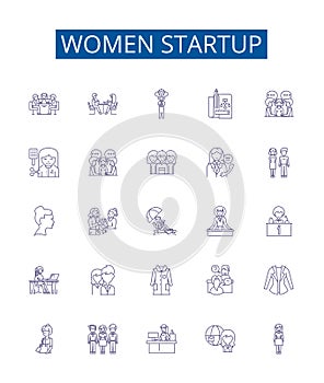 Women startup line icons signs set. Design collection of Female, Entrepreneur, Venture, Company, Business, Innovate