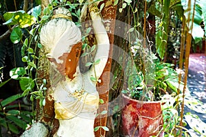 Women statue in forest.