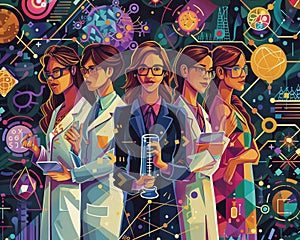 Women in STEM Depict women excelling in STEM fields science, technology, engineering, and mathematics, challenging stereotypes and