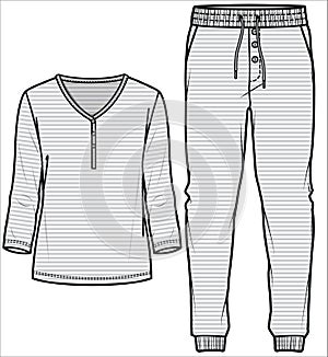 Women Stripe Tee and Joggers with Front Placket Nightwear Set