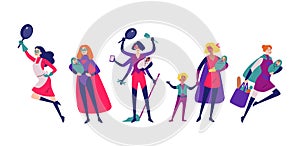 Women in superhero costumes do housework, cleaning, and raising children.