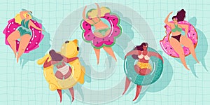 Women swim ring. Happy body positive girls floating in pool on inflatable circles, summer vacations in sea, ocean