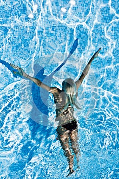 Women swimming underwater in pool