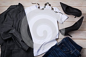 Women T-shirt mockup with high heels and blazer