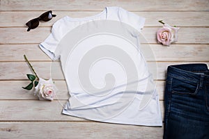 Women T-shirt mockup with pink roses