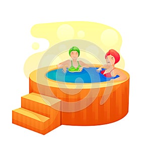 Women taking hot bath tub flat vector illustration