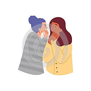 Women talking, whisper secrets cover mouth, gossipping, surprised shocked female listening to rumors vector illustration