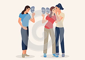 Women talking and whispering behind their friends back holding smiling mask