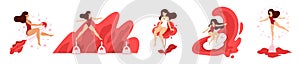 Women with tampon, pad, menstrual cup. Active life concept. Girl having menstrual period, menstruation, premenstrual