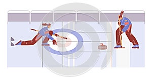 Women team playing curling sport on ice rink with curling stone and brush, vector cartoon championship winter sport game
