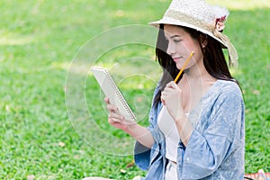 Women thinking to write note script letter