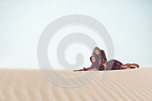 Women thirsty in a desert. Unforeseen circumstances during the travel.