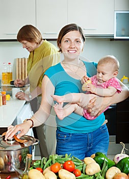 Women of three generations in domestic kitchen