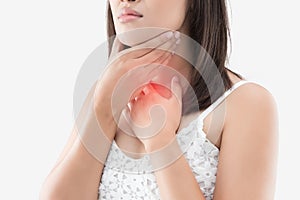 Women thyroid gland control. Sore throat of a people isolated on