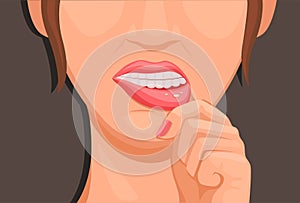 Women touch lips sprue, symptoms of Stomatitis. health medical symbol illustration cartoon vector
