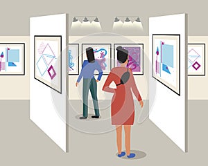 Women tourists at an exhibition of contemporary art, flat vector stock illustration as a concept of abstract paintings in an art