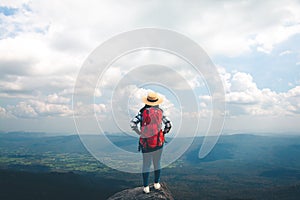 Women tourists in the midst of peaceful nature, Traveling of tourists only to find peaceful atmosphere