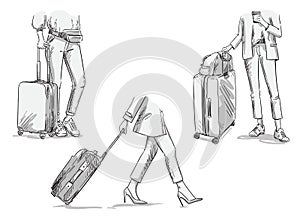 Women travelling with wheeled suitcases, walking. Vector luggage illustration