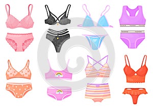 Women undergarment. Woman underwear, girls bra and panties silk string lingerie fashion thongs lace undies female