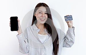 Women use smart phone to register online purchases using credit card payments, Convenience in the world of technology and the inte