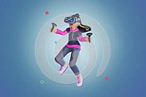 women using VR and controller In the world of Metaverse, portrait, 3D, Render, illustration