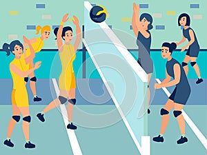 Women volleyball competitions. In minimalist style. Cartoon flat raster