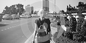 Women Walking Streetside Caucasian Camera Traveler Concept