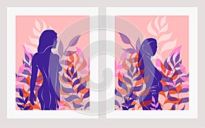 Women wall art, vector set. Boho silhouette art drawing with abstract shape.