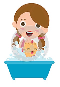 Women washing the cat, Happy Cat Having a Bath, Cat grooming, Vector flat cartoon illustration.