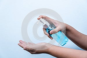 Women washing hands with alcohol gel rub clean hands hygiene prevention and disinfection of coronavirus and other viruses