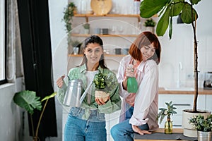 Women with a watering can and a houseplant