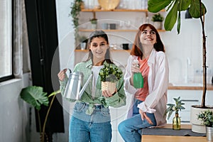 Women with a watering can and a houseplant