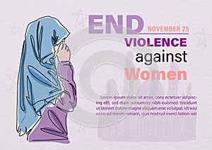 Women wear Khimar crying in line art with wording about International day for the elimination of Violence Against